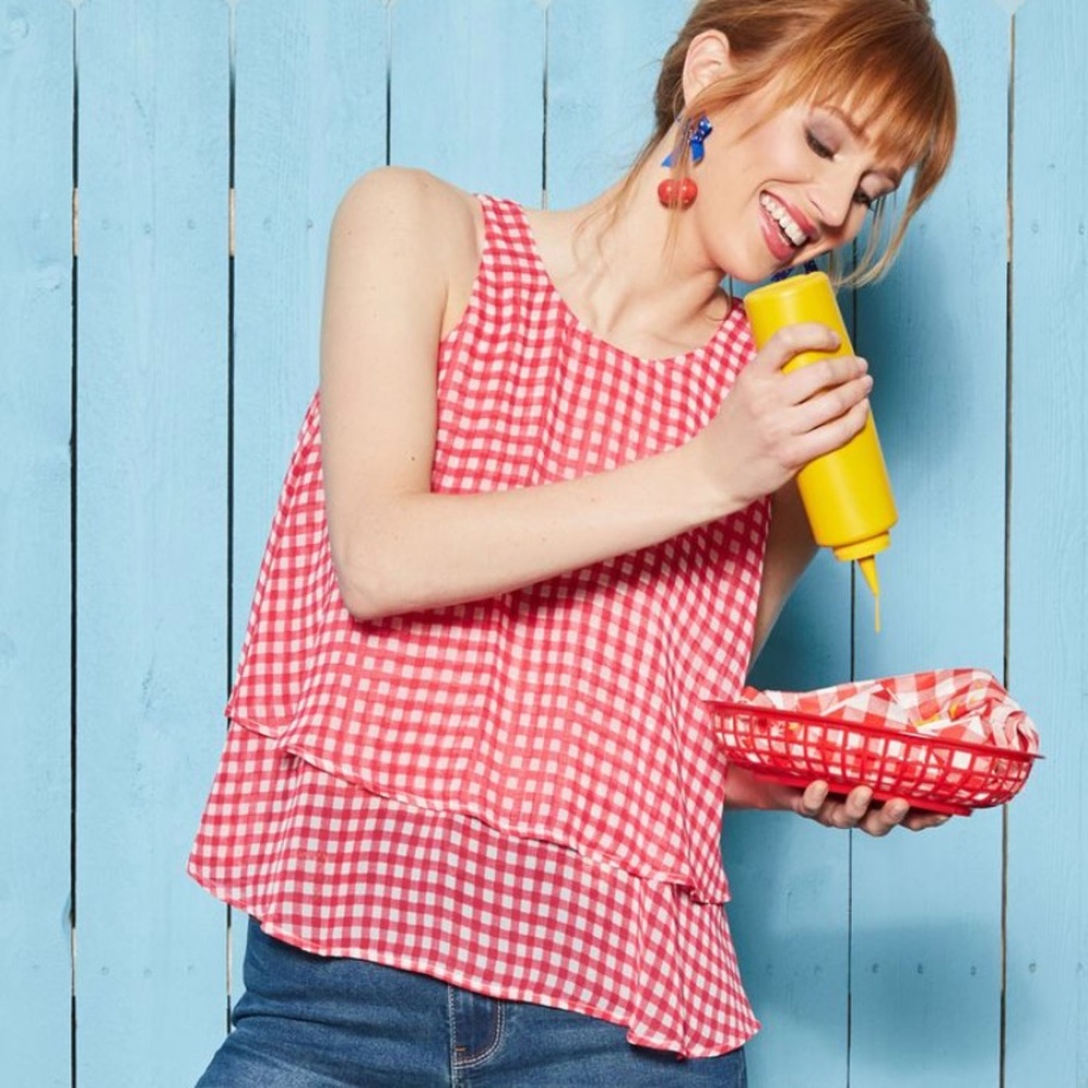 Gingham Red & White Picnic Flutter Blouse - image 1